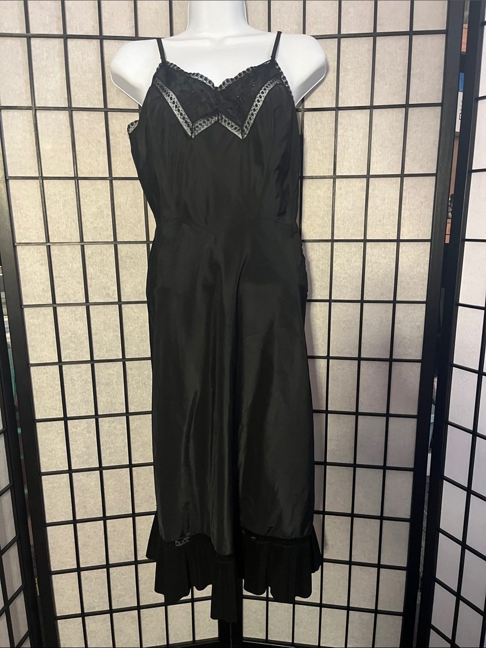 Vintage Black Satin Slip Dress with Lace Trim